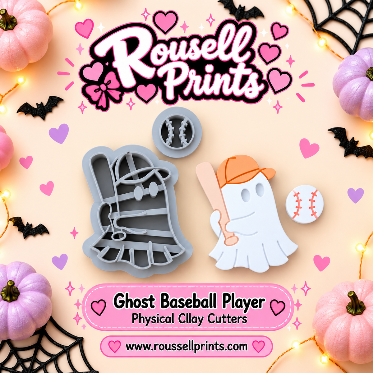 Ghost Baseball Player clay cutter set with finished clay example - a ghost with a baseball bat, cap, and baseball