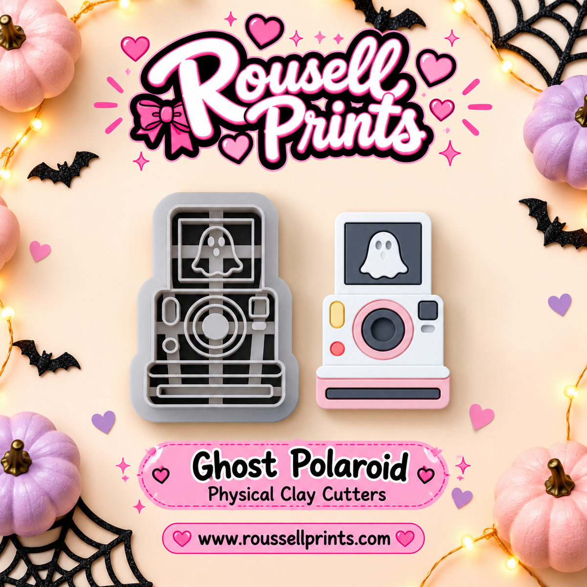 Ghost Polaroid clay cutter with finished clay example - an instant camera with a ghost in the photo frame