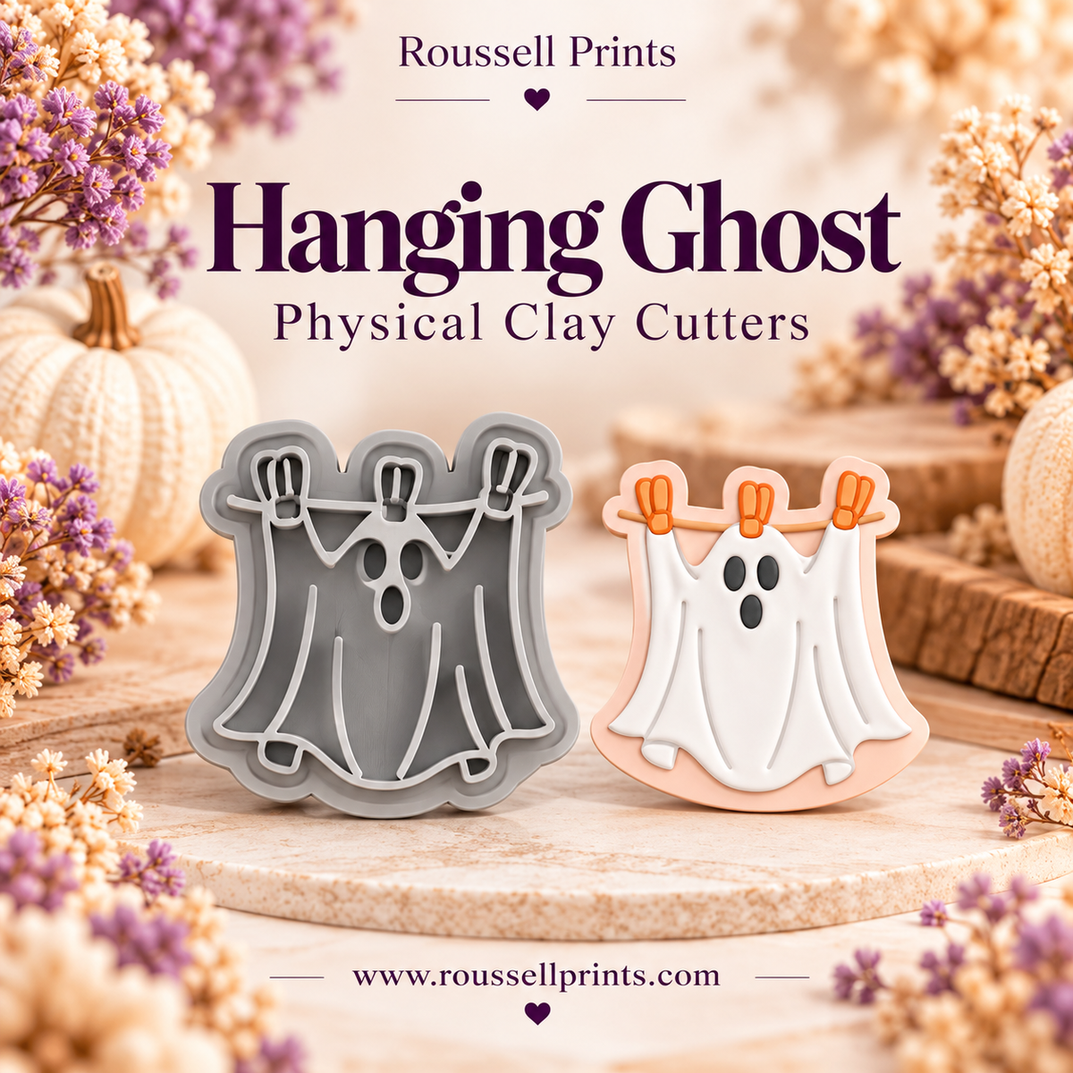Hanging Ghost physical clay cutter beside a white ghost clay example with orange clothespins