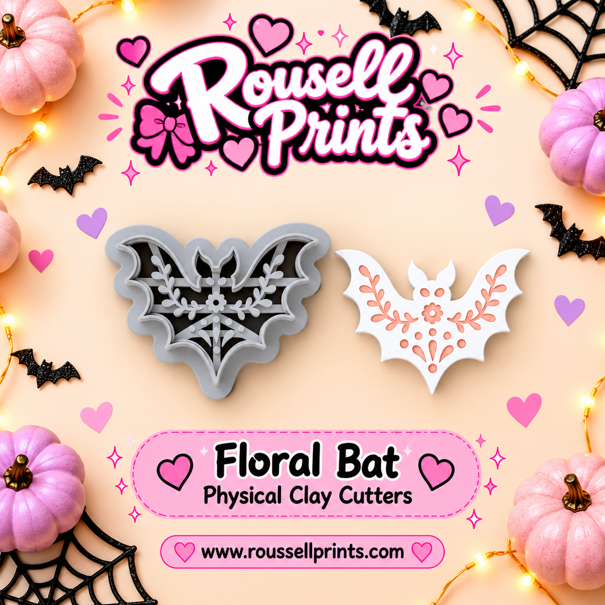 Floral Bat clay cutter with finished clay example - a bat with flower and vine details across its wings