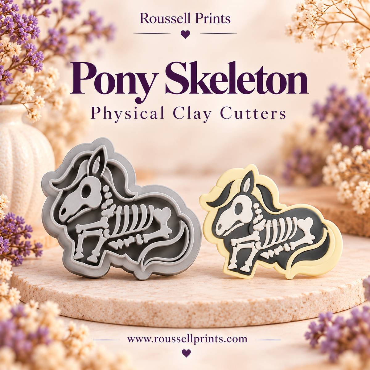 Pony Skeleton physical clay cutter beside a black and pale yellow finished design