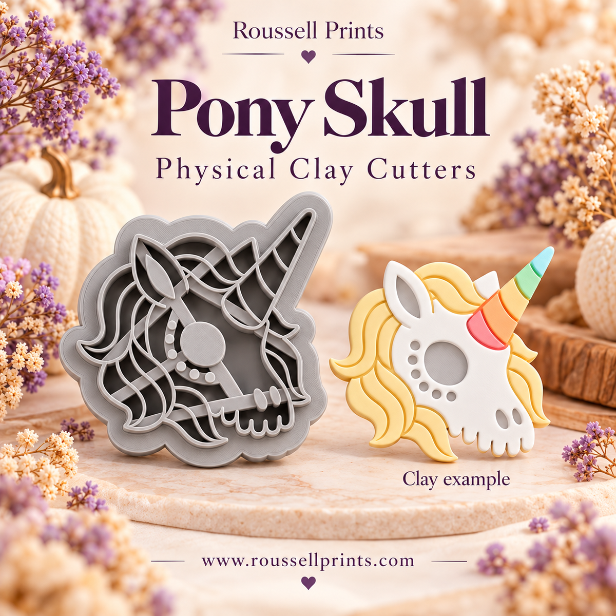 Pony Skull physical clay cutter beside a colorful clay example