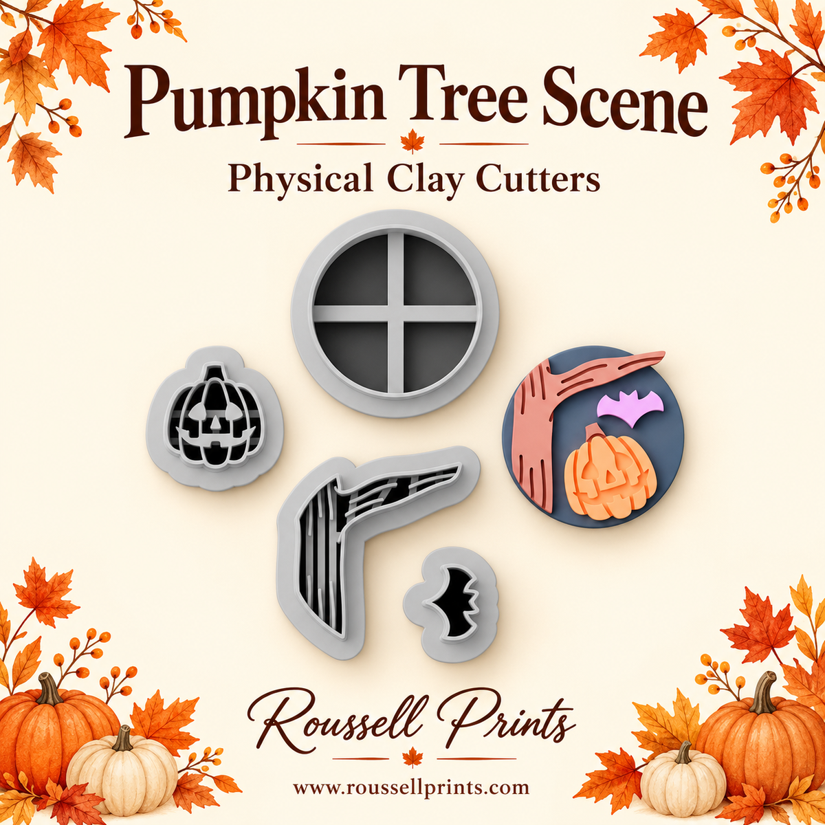Circle, pumpkin, tree, and bat clay cutters beside a layered Halloween clay scene, surrounded by autumn leaves and pumpkins.
