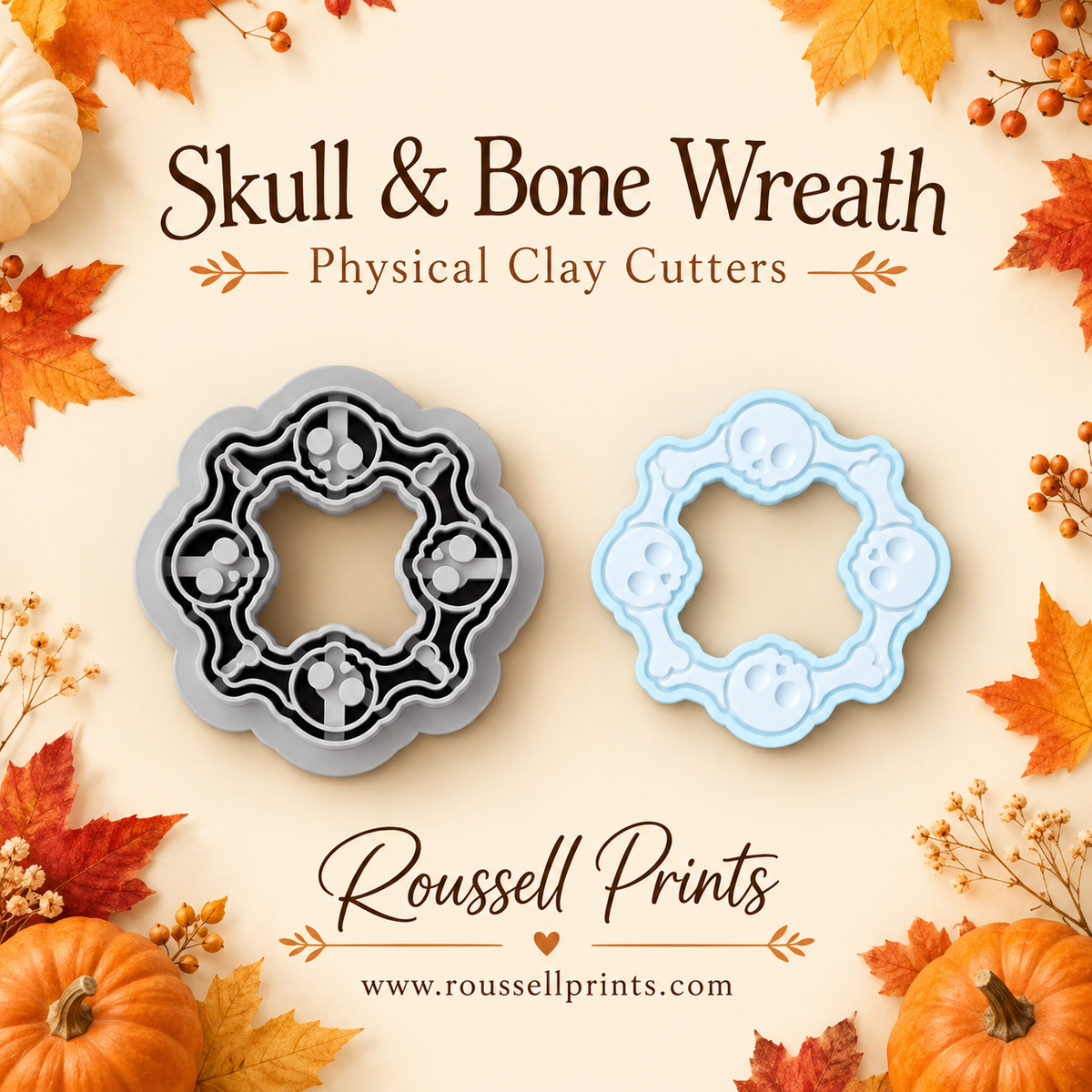 Skull and bone wreath clay cutter beside a light blue clay impression with autumn decorations.