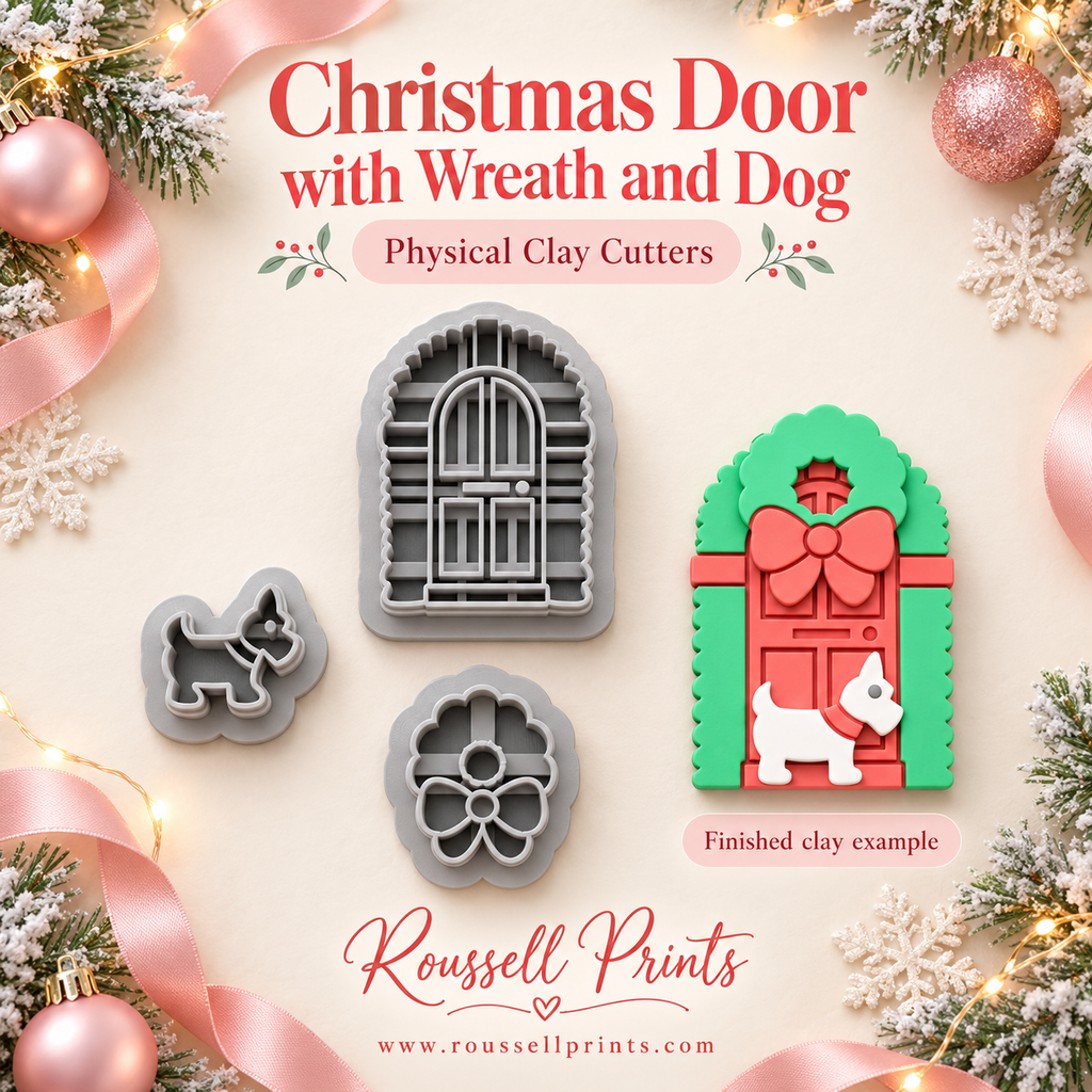 Christmas door, wreath, and dog clay cutters beside a colorful finished clay example