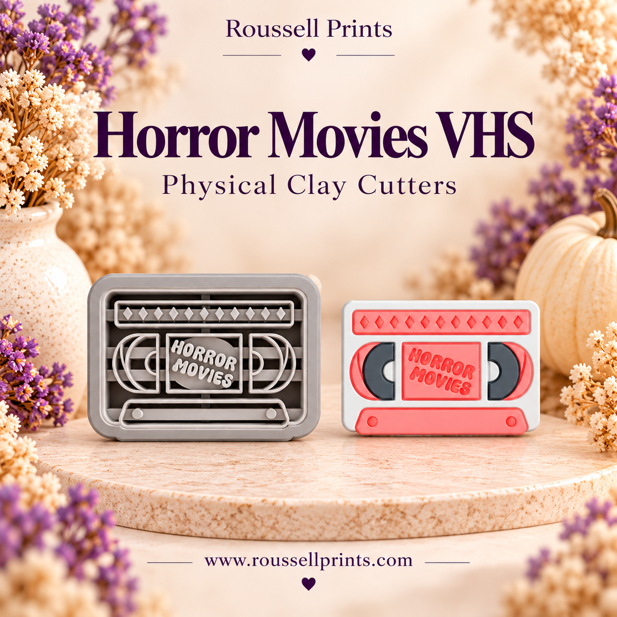 Horror Movies VHS physical clay cutter beside a pink, white, and black clay cassette example