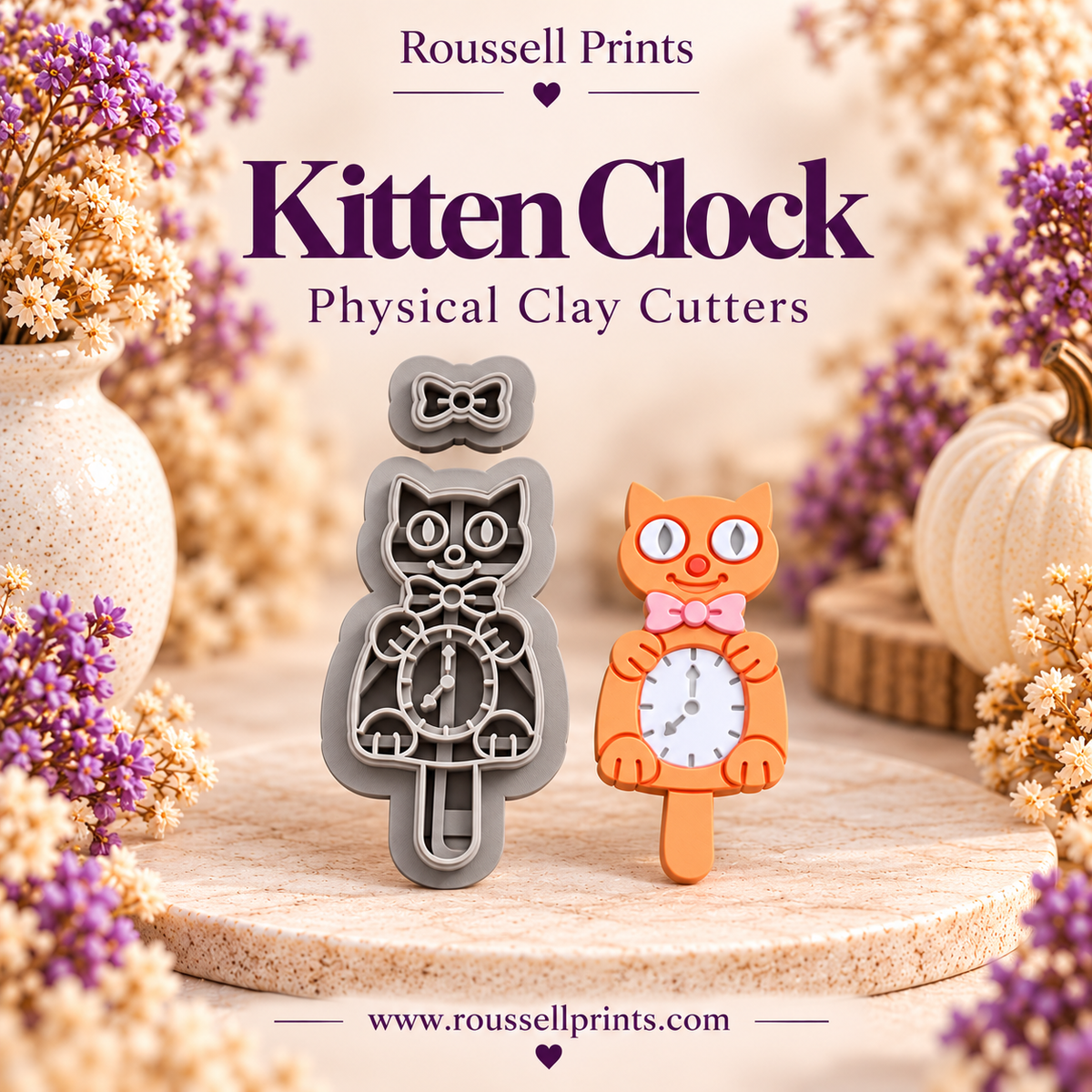 Kitten Clock physical clay cutter with bow detail beside an orange kitten clay example