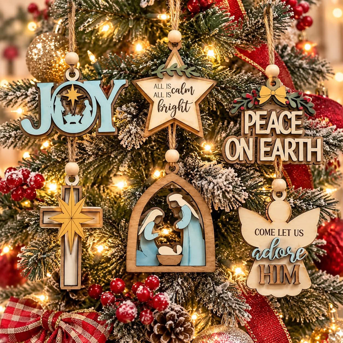 Christian Christmas Ornament Set – Nativity & Faith Wood Ornaments