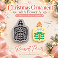 Christmas Ornament with Flower A Physical Clay Cutter by Roussell Prints – rectangular ornament shape with daisy bloom cutout and finished clay example in yellow with white flower and green stem