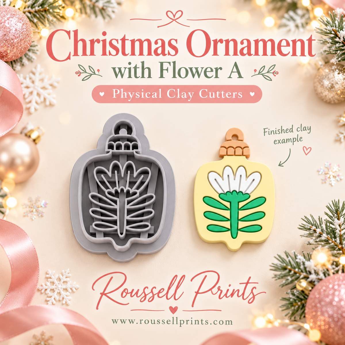 Christmas Ornament with Flower A Physical Clay Cutter by Roussell Prints – rectangular ornament shape with daisy bloom cutout and finished clay example in yellow with white flower and green stem