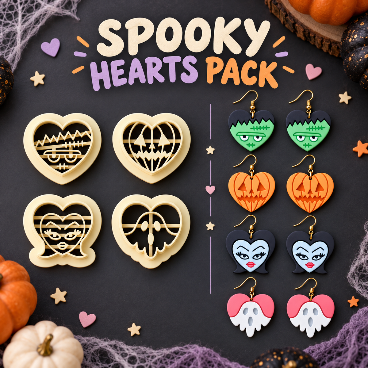 Spooky Hearts Pack Clay Cutter Set with 4 Halloween heart designs – Frankenstein, pumpkin, vampire, ghost by Roussell Prints