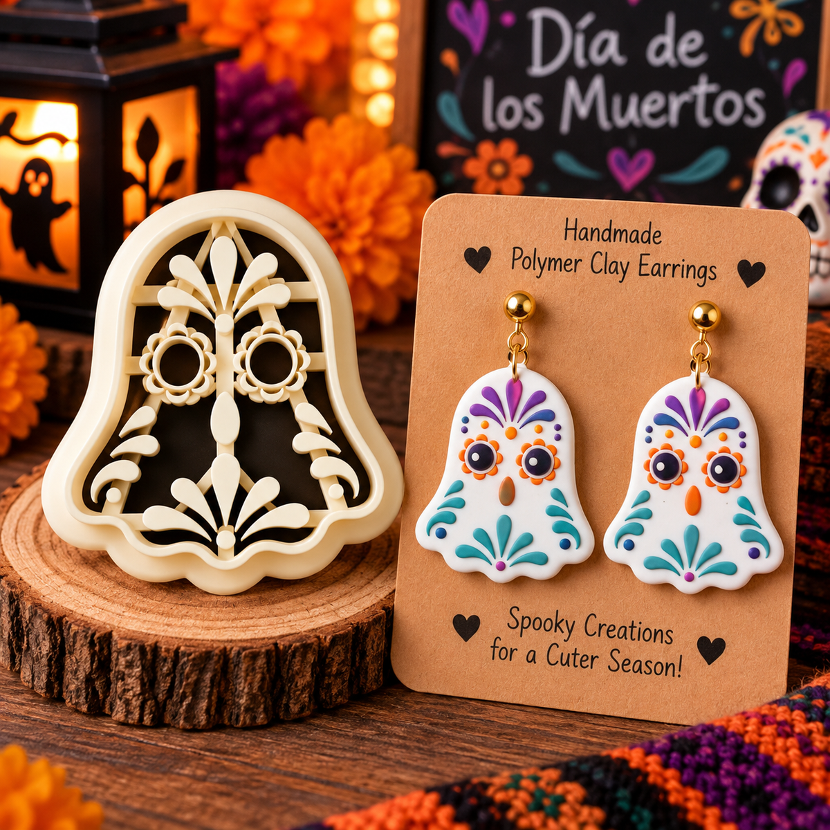 Sugar Ghost Clay Cutter Set with polymer clay earring example – Día de los Muertos floral ghost design by Roussell Prints