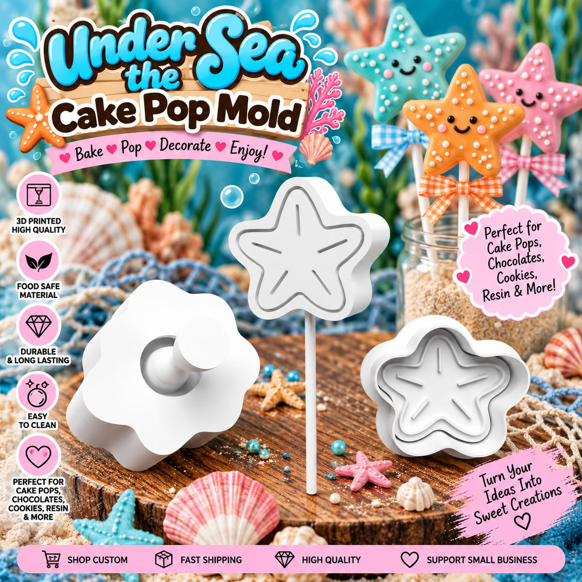 Starfish cake pop mold and stamp with decorated under-the-sea treats, shown with Roussell Prints branding