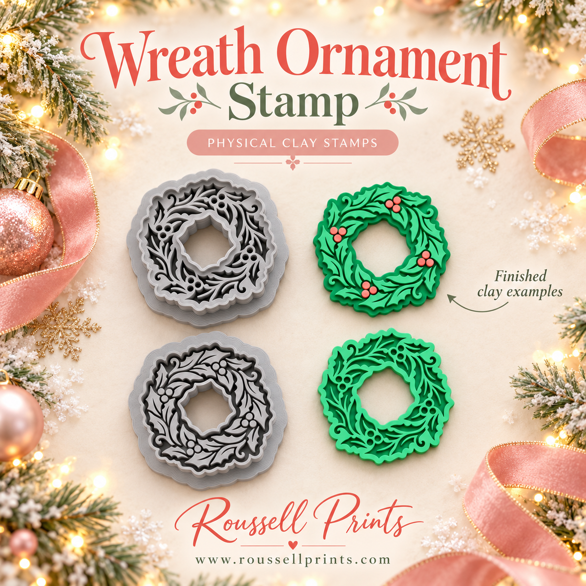 Wreath Ornament Stamp Physical Clay Stamps 2-Piece Set by Roussell Prints – large and small holly wreath stamps with finished green clay wreath examples with pink berries