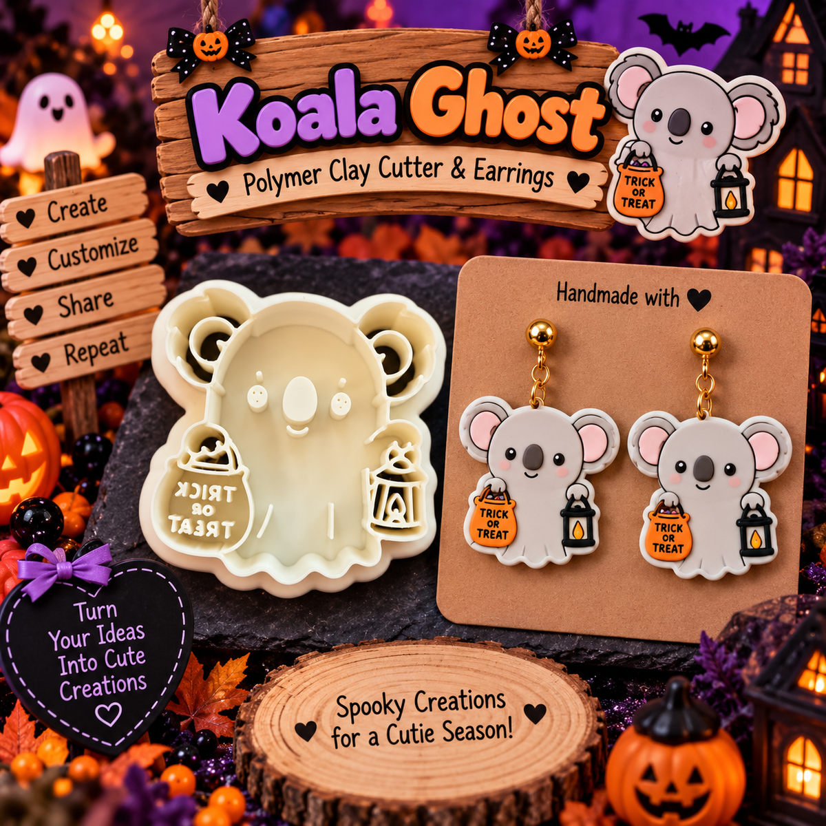 Koala Ghost Clay Cutter Set with polymer clay earring example – Halloween kawaii koala ghost design by Roussell Prints