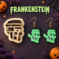 Frankenstein Clay Cutter Set with polymer clay earring example – Halloween classic monster head design by Roussell Prints