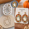 Stained Glass Ghost Clay Cutter Set with polymer clay earring example – Halloween ghost spiderweb design by Roussell Prints