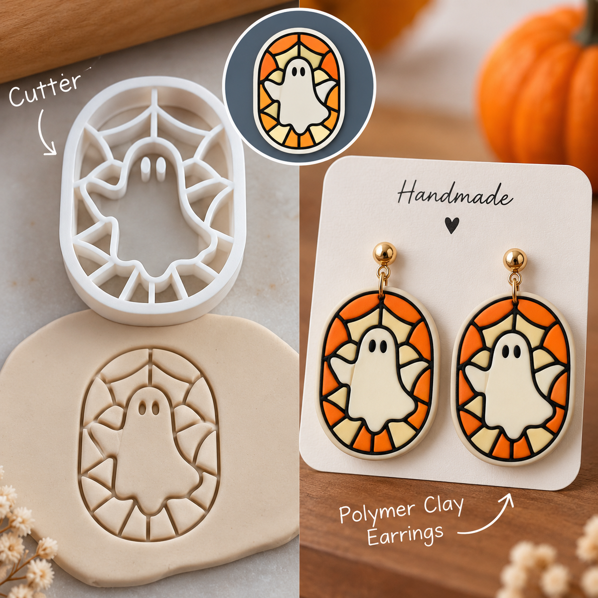 Stained Glass Ghost Clay Cutter Set with polymer clay earring example – Halloween ghost spiderweb design by Roussell Prints