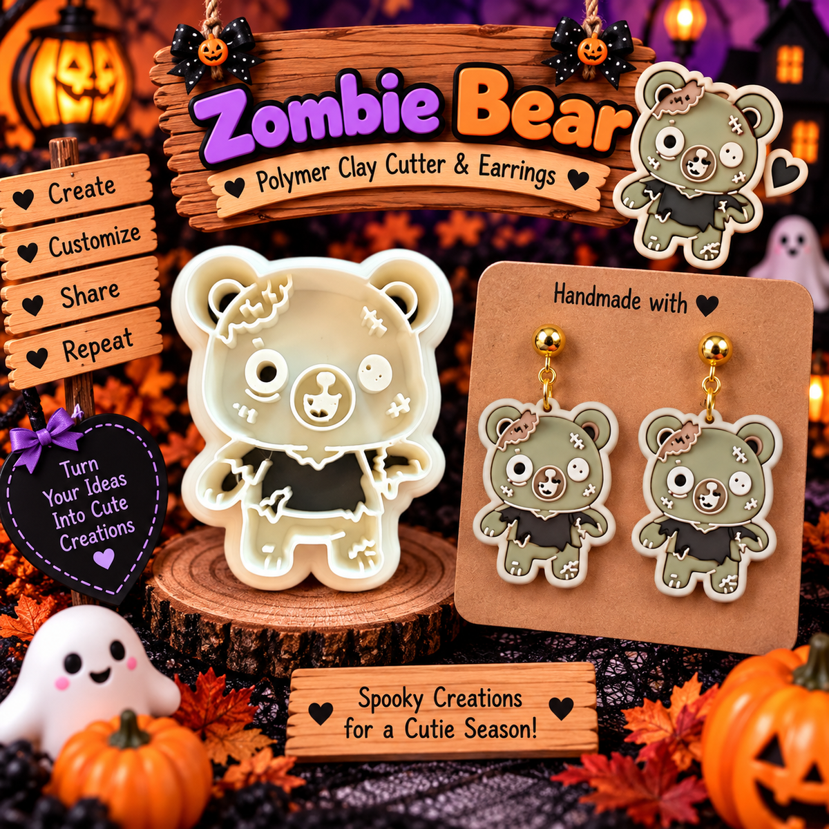 Zombie Bear Clay Cutter Set with polymer clay earring example – Halloween spooky cute zombie bear design by Roussell Prints