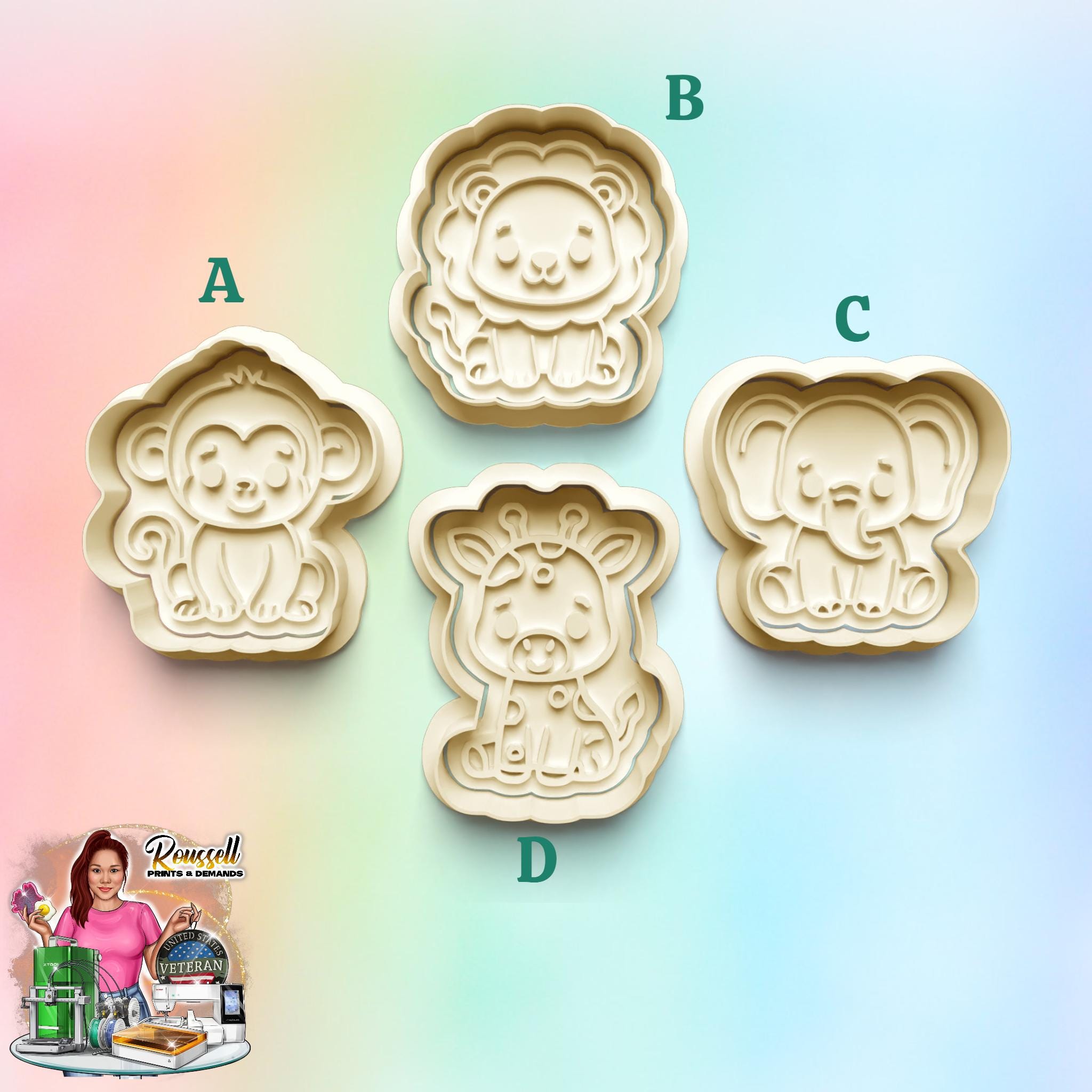 Cute Safari Animals : 3D Printed Fondant , Clay Cutter Cookie cutter