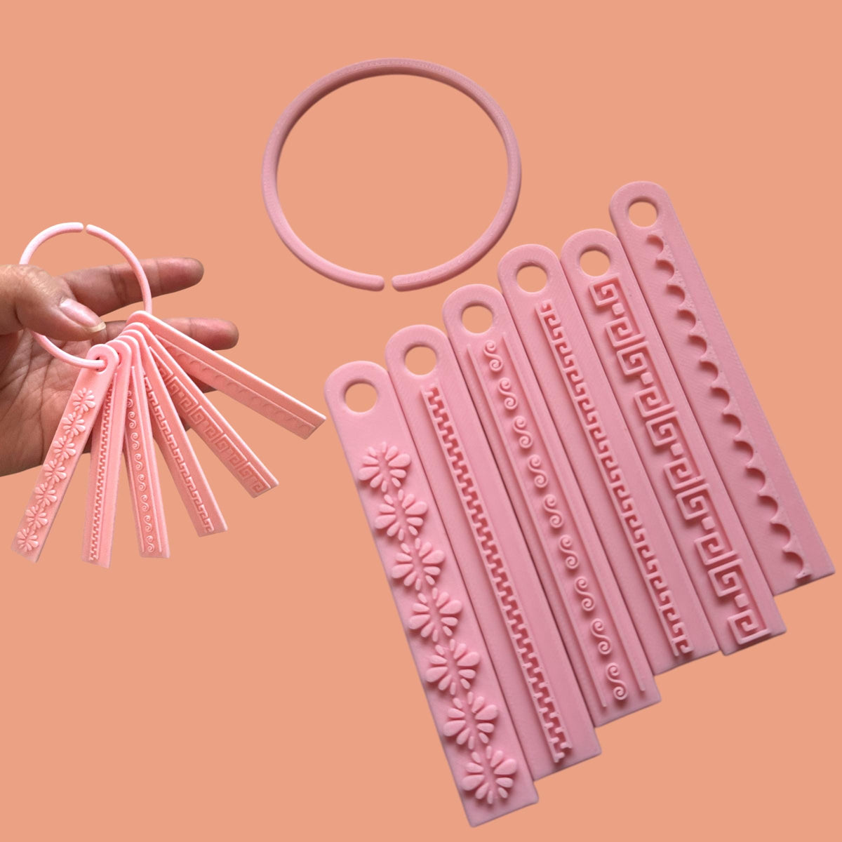 Border embossing stamps for polymer clay, six borders with a storage ring