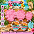 Pink Summer Vibes tropical beach silicone mold shown in 110mm, 90mm, and 70mm sizes with finished colorful examples