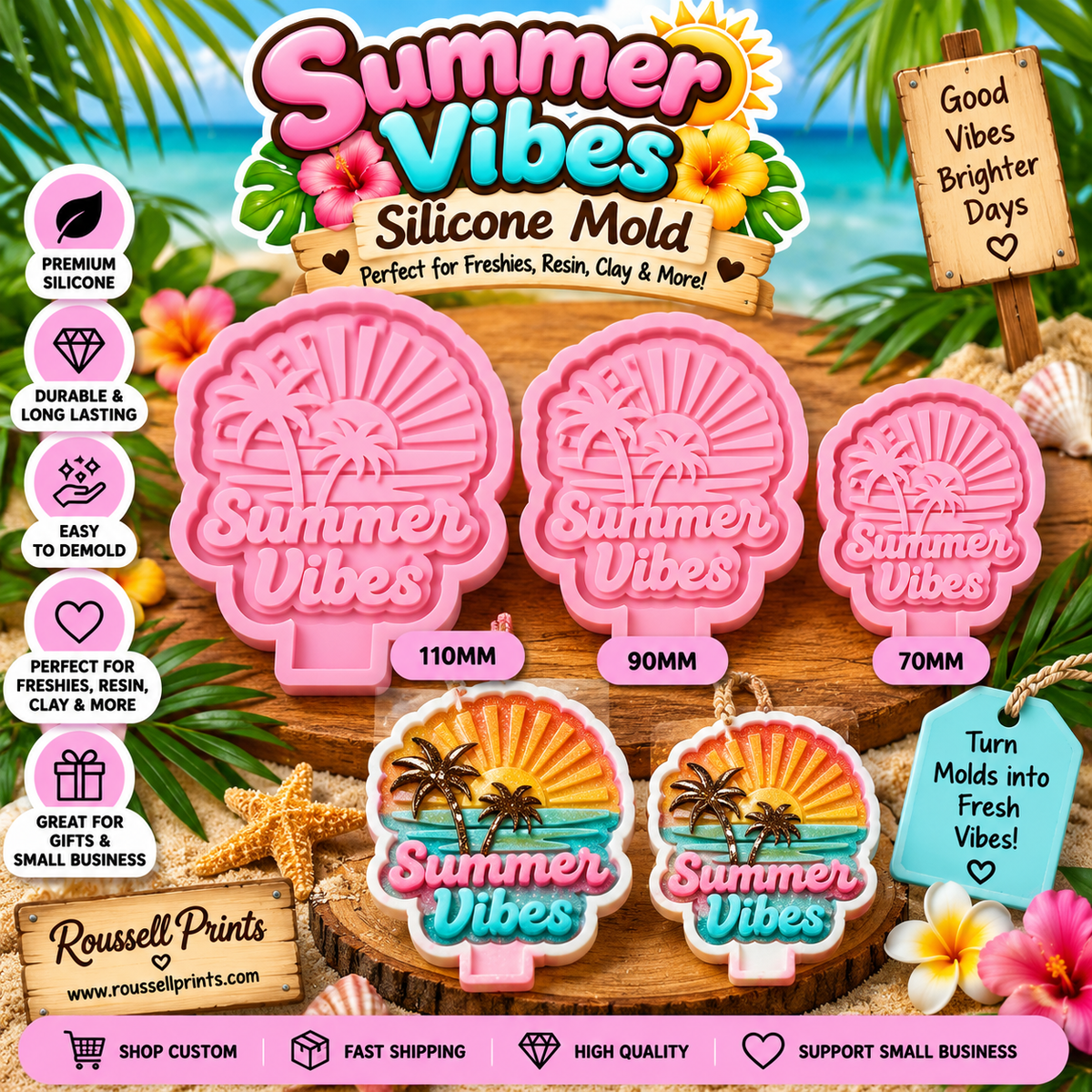 Pink Summer Vibes tropical beach silicone mold shown in 110mm, 90mm, and 70mm sizes with finished colorful examples