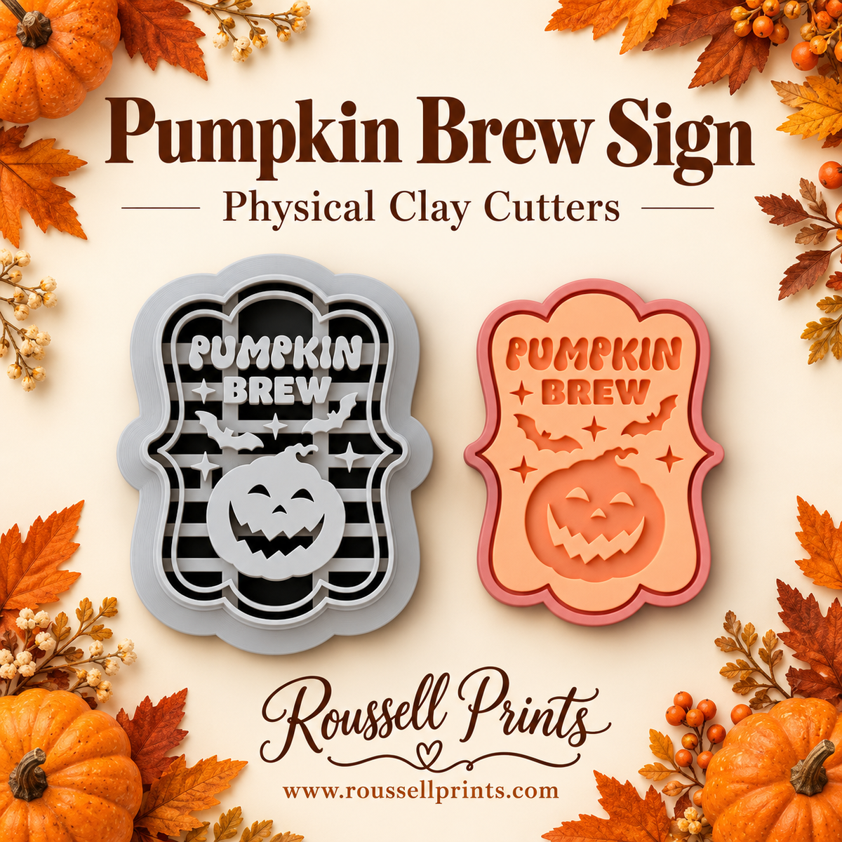 Pumpkin Brew sign clay cutter beside an orange clay impression featuring a jack-o'-lantern, bats, stars, and lettering.
