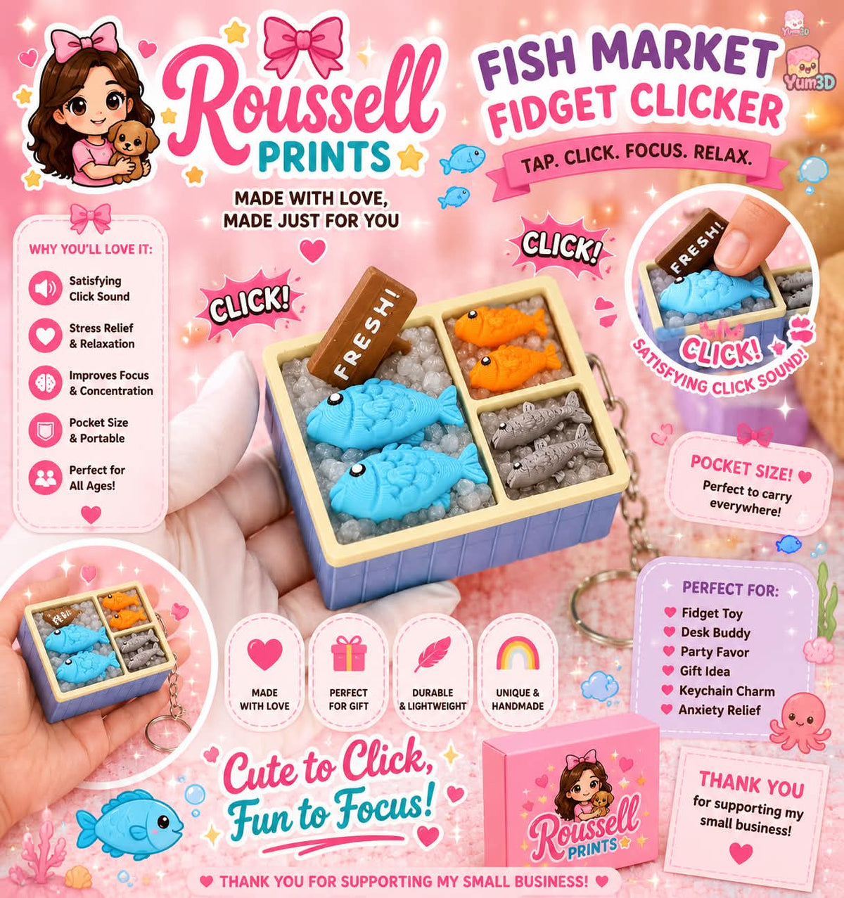Fish market fidget clicker 3D printed mini crate with blue orange fish and silver sardines on ice beads with FRESH sign and keychain