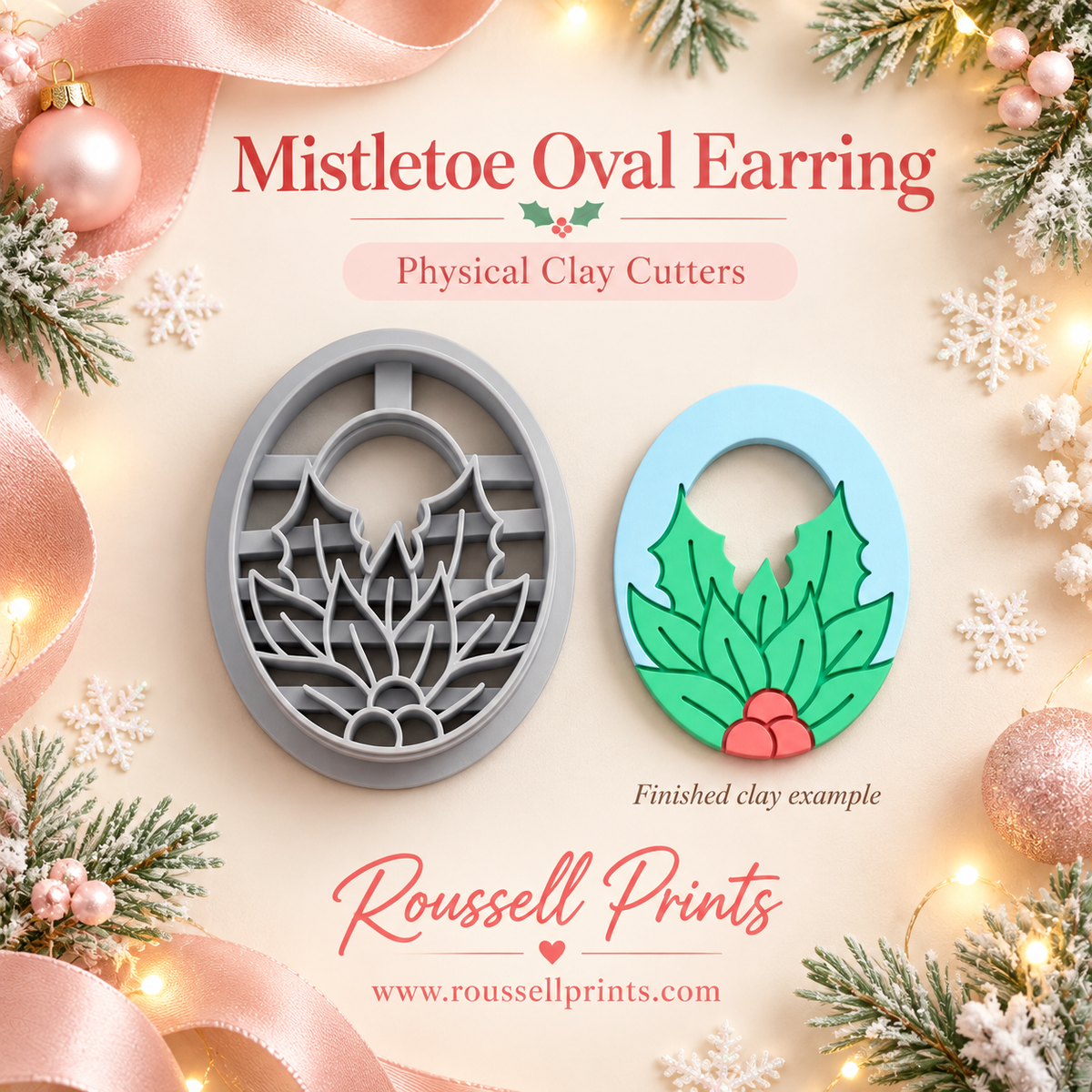 Mistletoe Oval Earring Physical Clay Cutter by Roussell Prints – oval shape with holly leaf cutout and finished light blue clay earring example with green leaves and pink berries