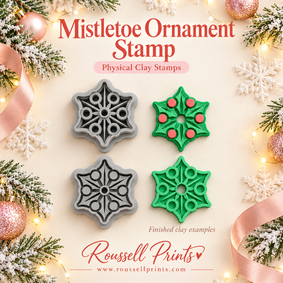 Mistletoe Ornament Stamp Physical Clay Stamps 2-Piece Set by Roussell Prints – berry center stamp and open center stamp with finished green clay examples with pink berry accents