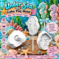 Under the Sea seahorse cake pop mold and stamp with decorated ocean-themed treats, shown with Roussell Prints branding
