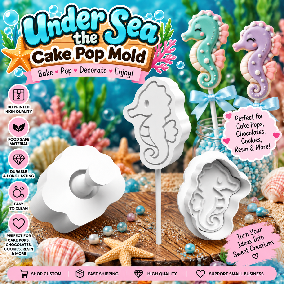 Under the Sea seahorse cake pop mold and stamp with decorated ocean-themed treats, shown with Roussell Prints branding