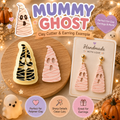 Mummy ghost clay cutter 3D printed with bandage wrap lines and ghost face cutouts, shown with blush pink finished charm and earring example