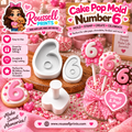 Number 6 cake pop mold and stamp with decorated number 6 treats, shown with Roussell Prints branding