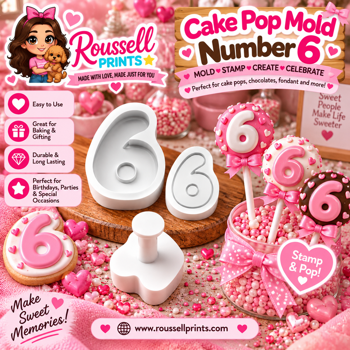 Number 6 cake pop mold and stamp with decorated number 6 treats, shown with Roussell Prints branding