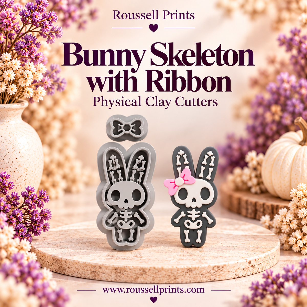 Bunny Skeleton with Ribbon clay cutter set with finished clay example - a bunny with bone details and a ribbon bow