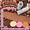 Chocolate texture roller with embossed chocolate patterns shown on cookies, fondant, chocolate, and clay