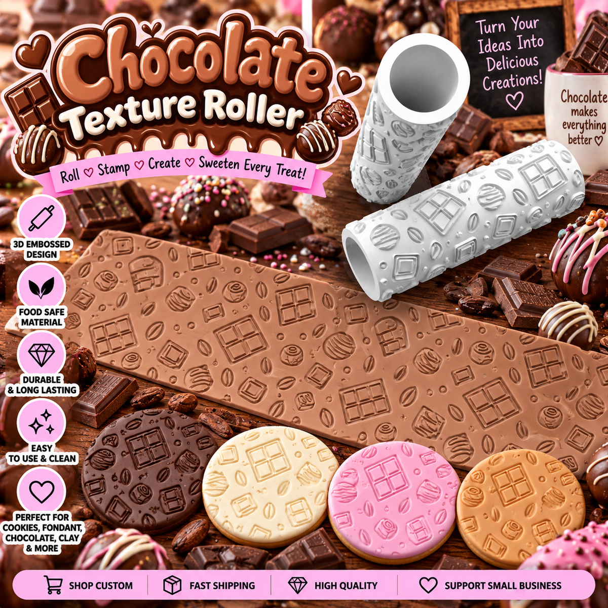 Chocolate texture roller with embossed chocolate patterns shown on cookies, fondant, chocolate, and clay