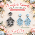 Snowflake Earring Combo B Physical Clay Cutters by Roussell Prints – geometric snowflake dangle cutter and scalloped flower stud cutter with finished blue clay earring examples