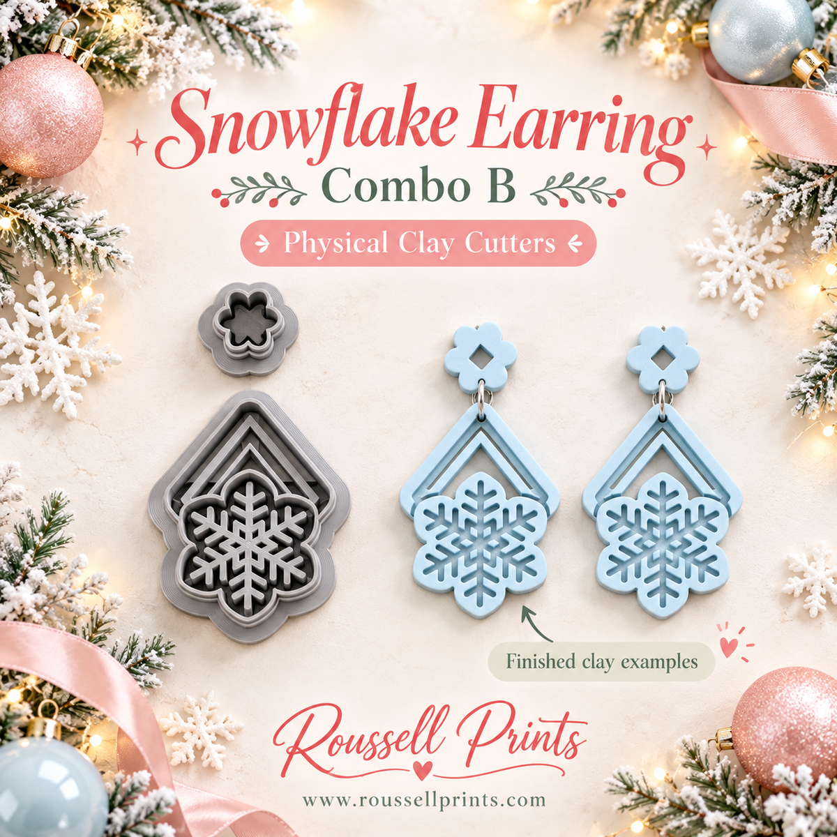 Snowflake Earring Combo B Physical Clay Cutters by Roussell Prints – geometric snowflake dangle cutter and scalloped flower stud cutter with finished blue clay earring examples