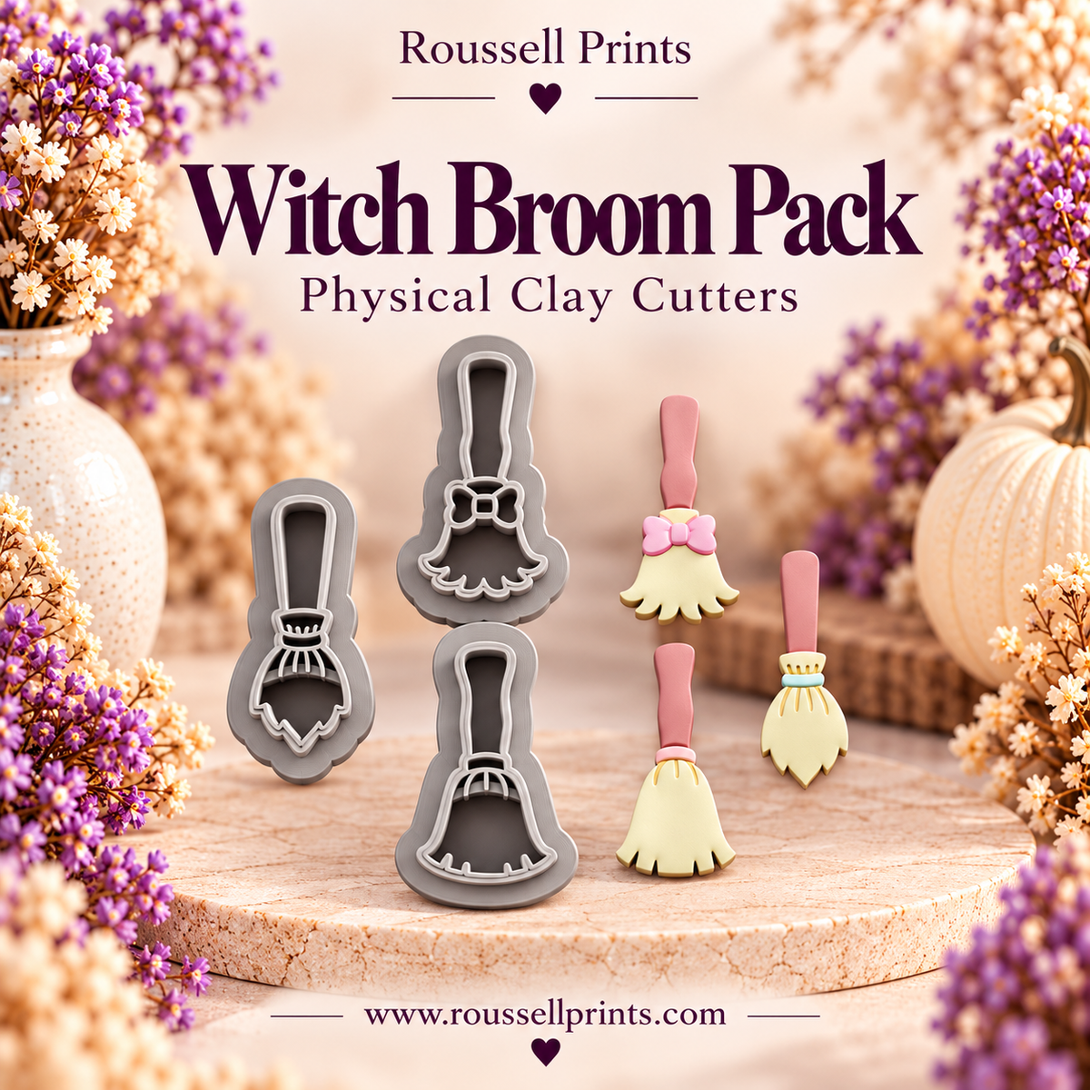 Witch Broom Pack clay cutter set with finished clay examples - three different witch broom designs