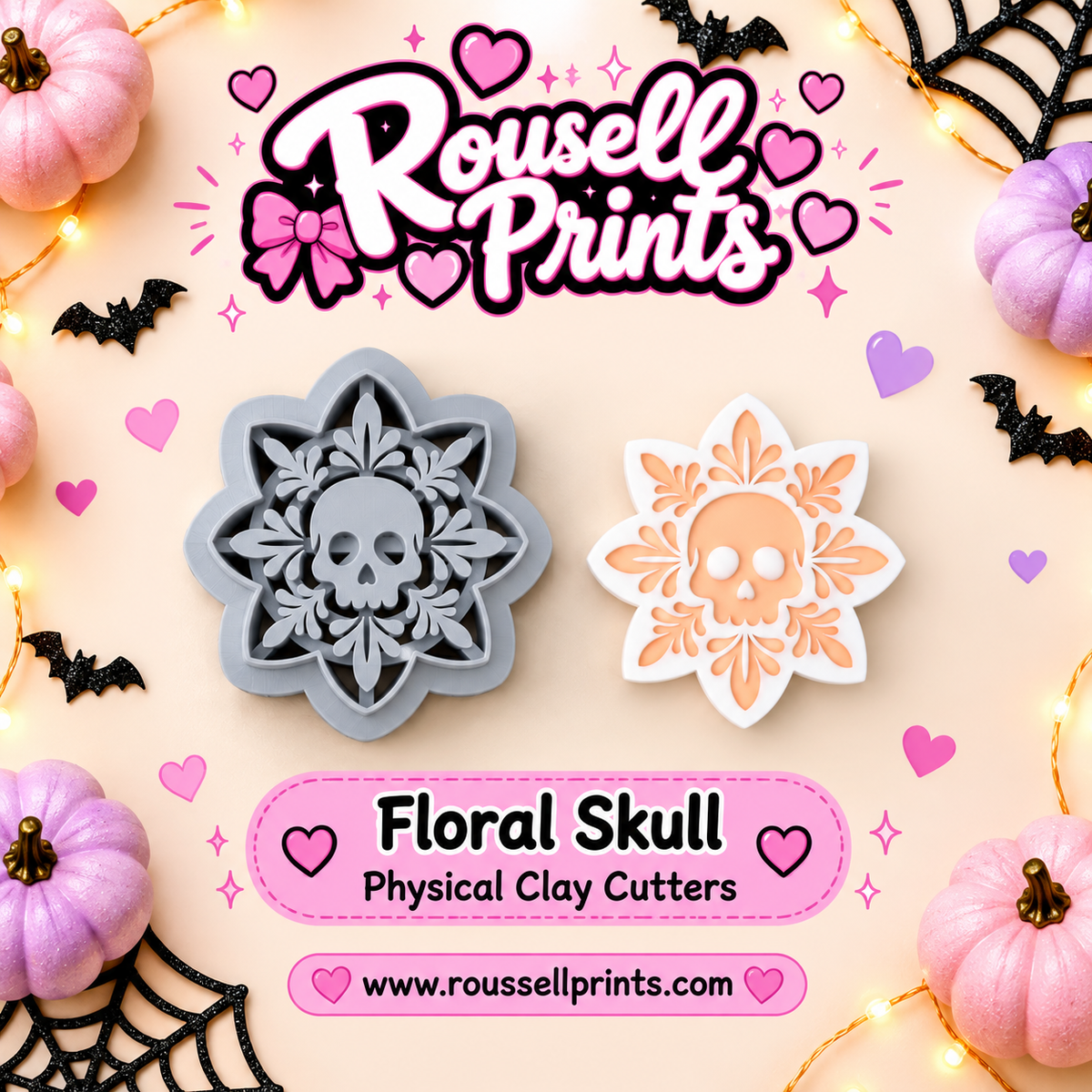 Floral Skull clay cutter with finished clay example - a skull into a blooming flower with leafy petals