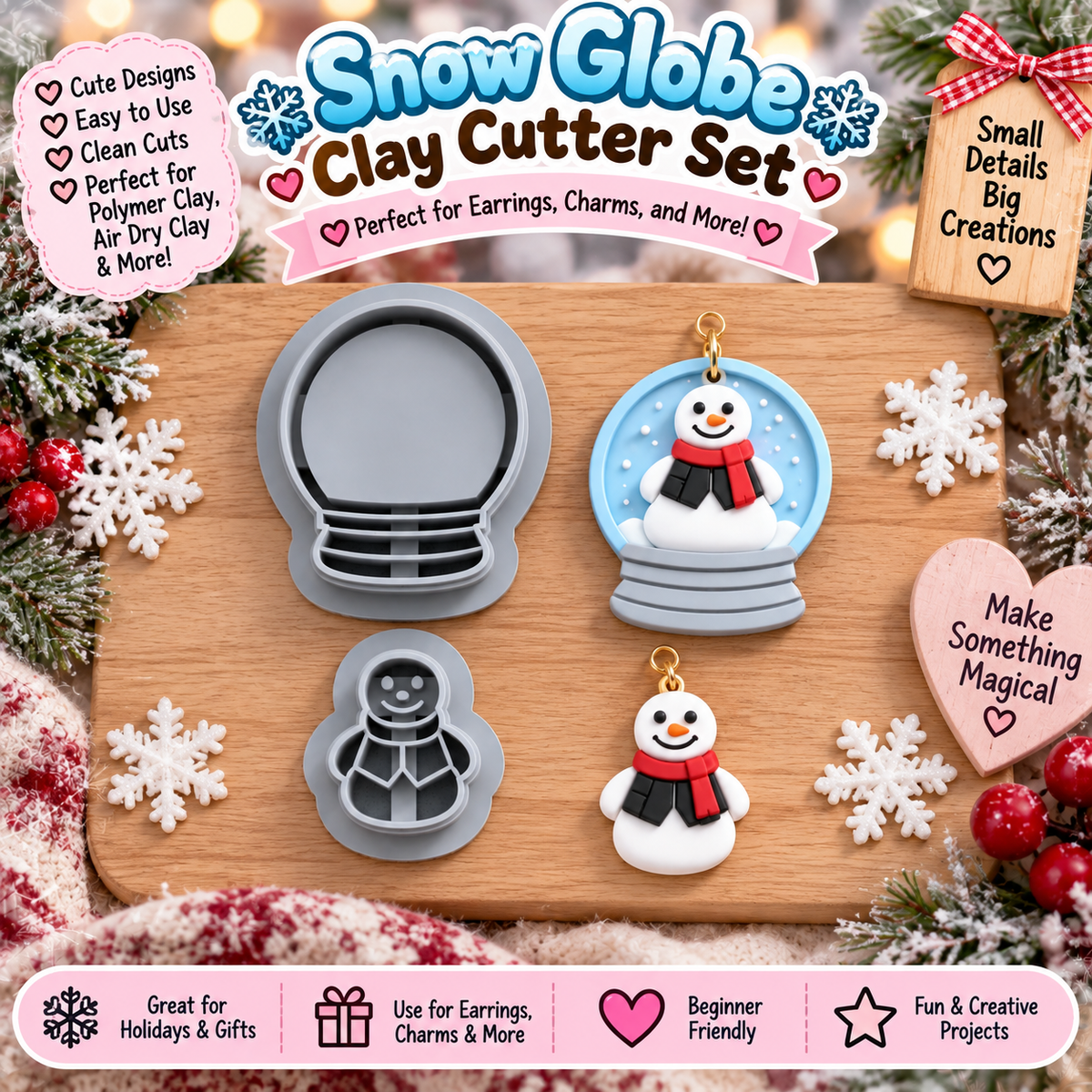 Gray snow globe and snowman clay cutters with finished holiday earrings or charms for polymer clay and air-dry clay projects