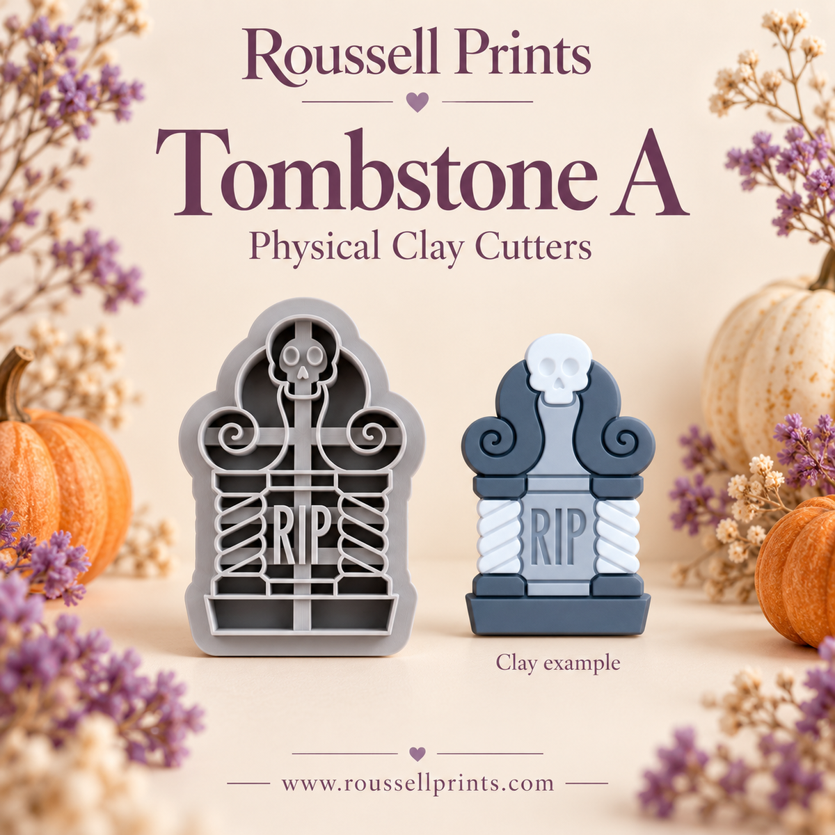 Tombstone A physical clay cutter beside a finished clay sample with skull topper, ornate scrollwork, twisted columns, and RIP lettering.
