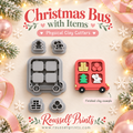 Christmas Bus with Items Physical Clay Cutters 5-Piece Set by Roussell Prints – bus body and 4 holiday item accent cutters with finished red clay bus example