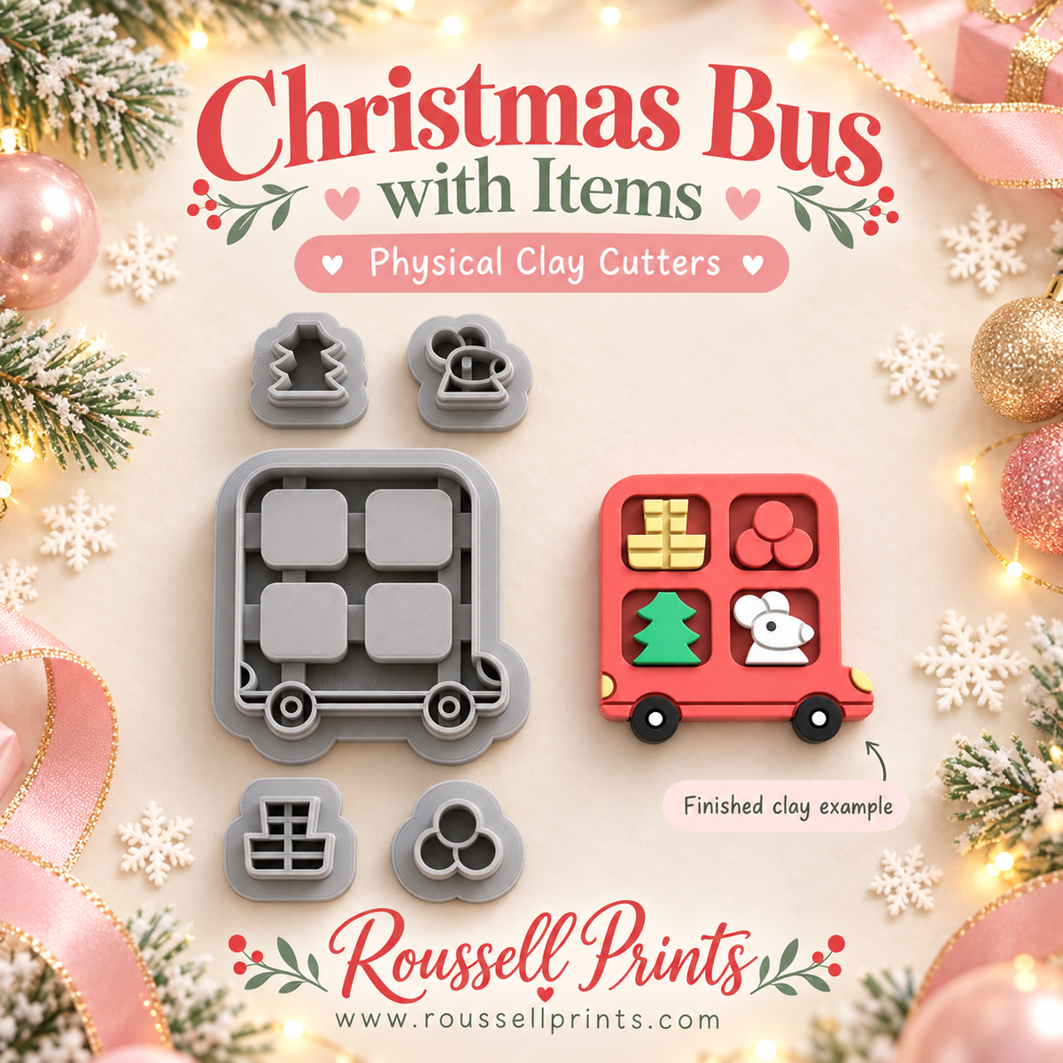 Christmas Bus with Items Physical Clay Cutters 5-Piece Set by Roussell Prints – bus body and 4 holiday item accent cutters with finished red clay bus example