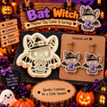 Bat Witch Clay Cutter Set with polymer clay earring example – Halloween witchy bat design by Roussell Prints