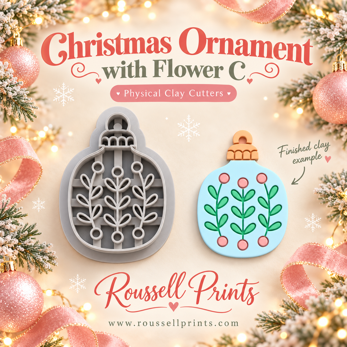 Christmas Ornament with Flower C Physical Clay Cutter by Roussell Prints – ornament shape with floral branch cutout and finished clay example in blue with green and pink accents
