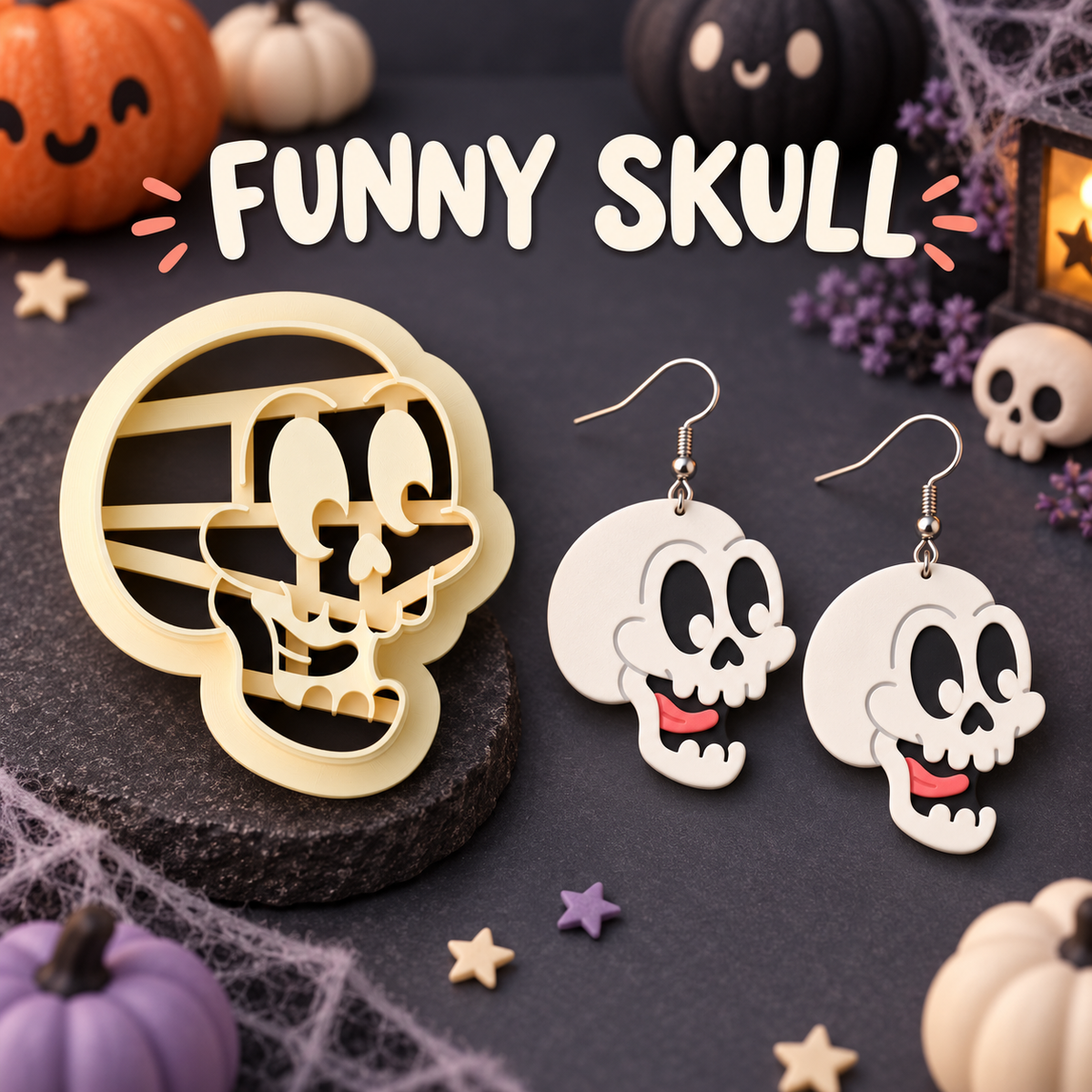 Cartoon Skull Clay Cutter Set with polymer clay earring example – Halloween funny skull design by Roussell Prints